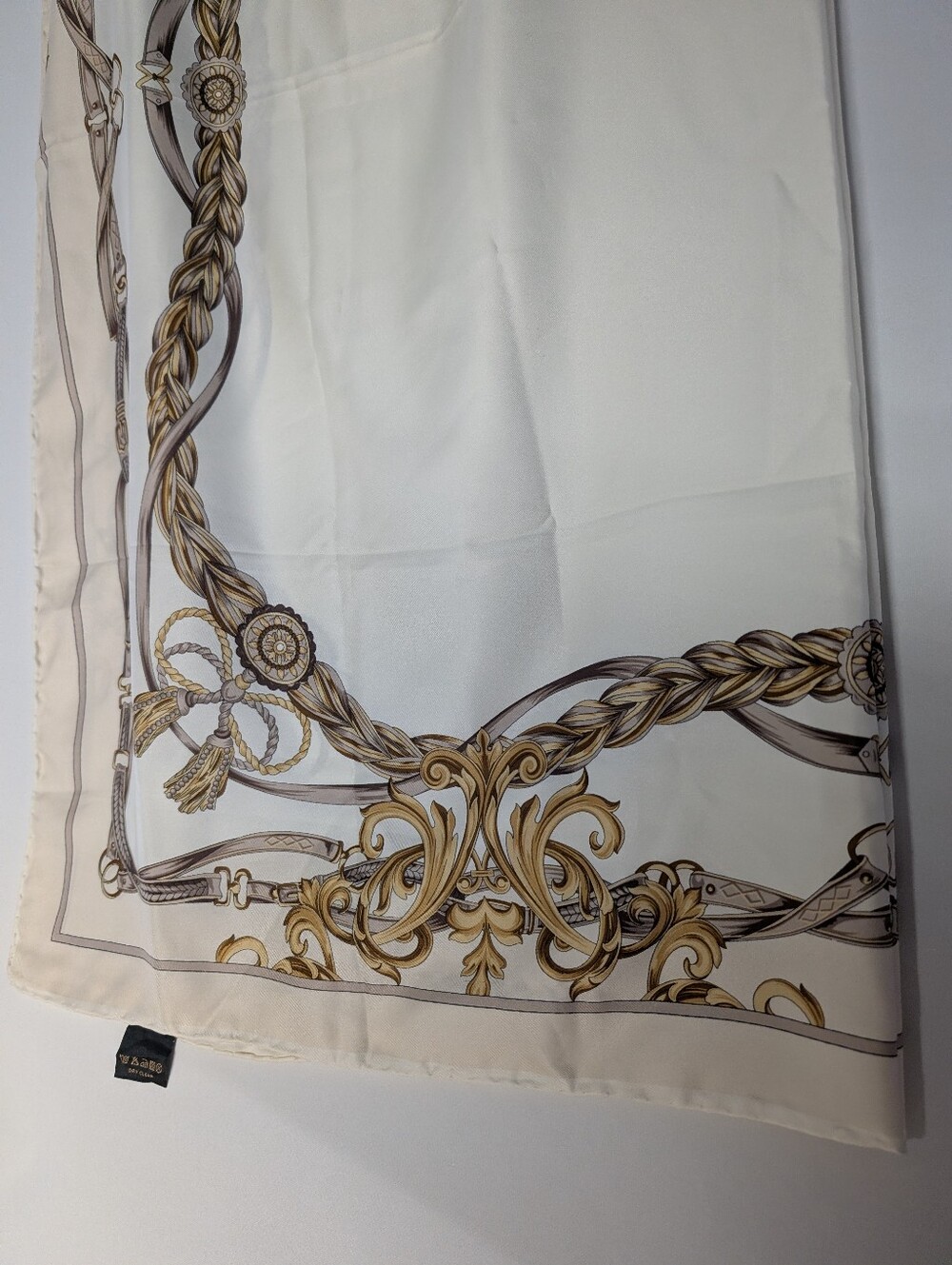 Extra Large Silk Scarf Elegant Cream and Gold Baroque Print W Horsebit Detail